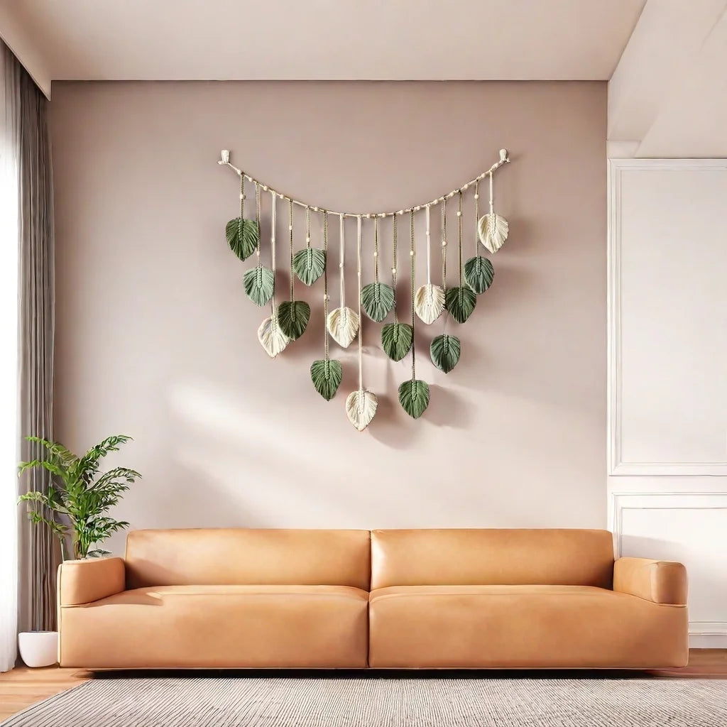 Boho Macrame Wall Hanging – Leaf & Feather Tapestry