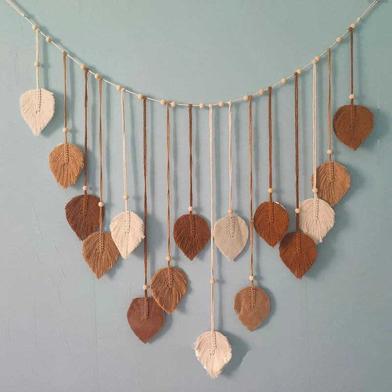 Boho Macrame Wall Hanging – Leaf & Feather Tapestry
