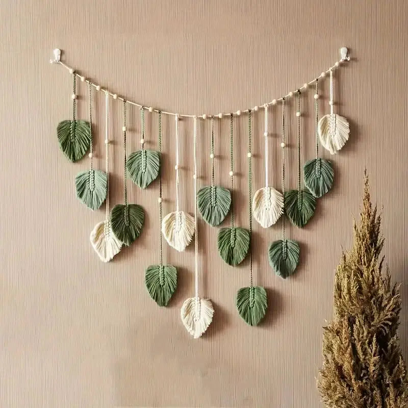 Boho Macrame Wall Hanging – Leaf & Feather Tapestry