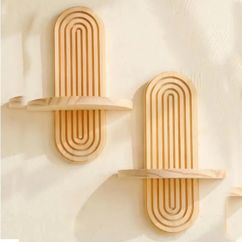 Wooden Wall-Mounted Storage Rack – Boho Modern Display Shelves
